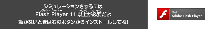 シミュレーションをするにはフラッシュプレイヤー11以上が必要だよ。動かないときは右のボタンからインストールしてね！